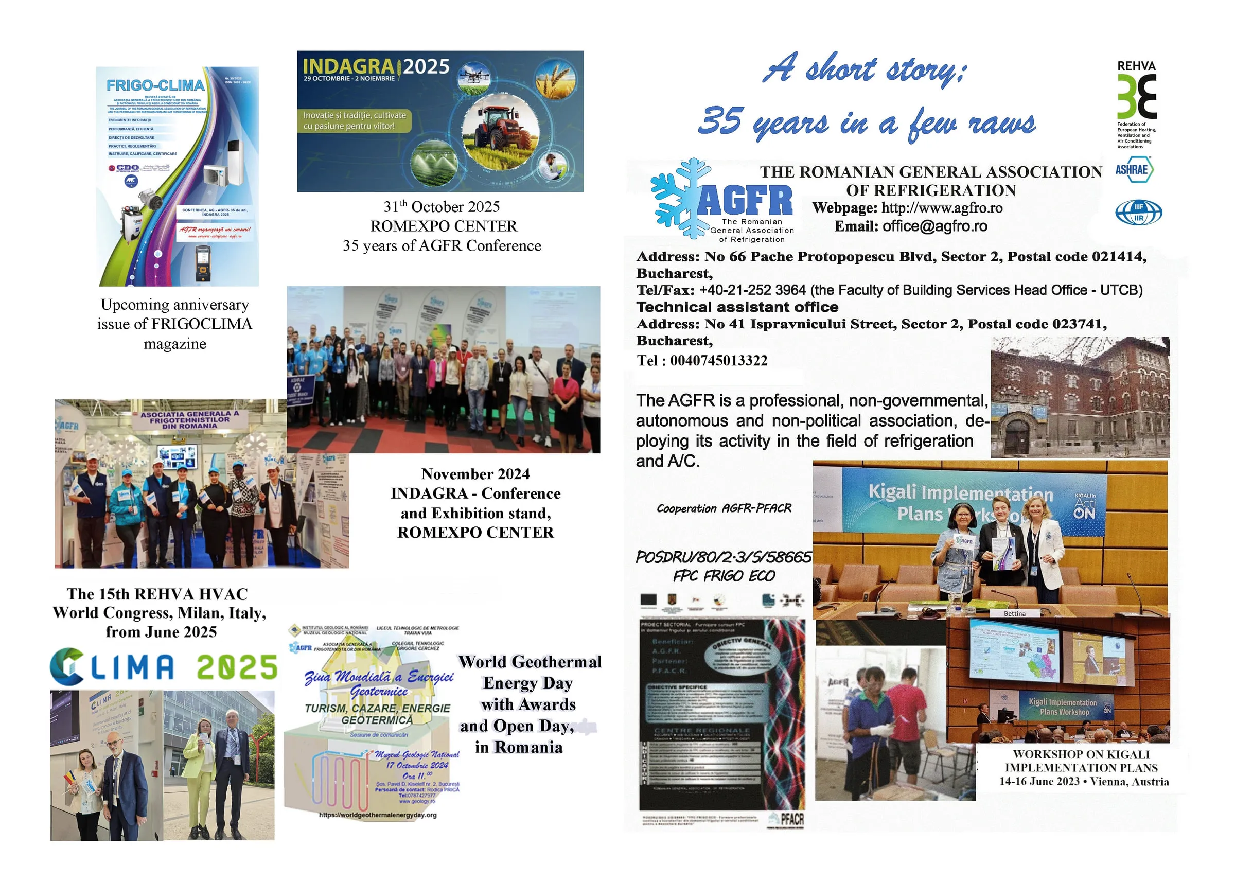 Planșa 1 a prezentării AGFR „A short story: 35 years in a few raws”: datele de contact ale asociației, coperta revistei FRIGO-CLIMA, conferința aniversară de 35 de ani de la ROMEXPO, standul INDAGRA, congresul REHVA și CLIMA 2025.
