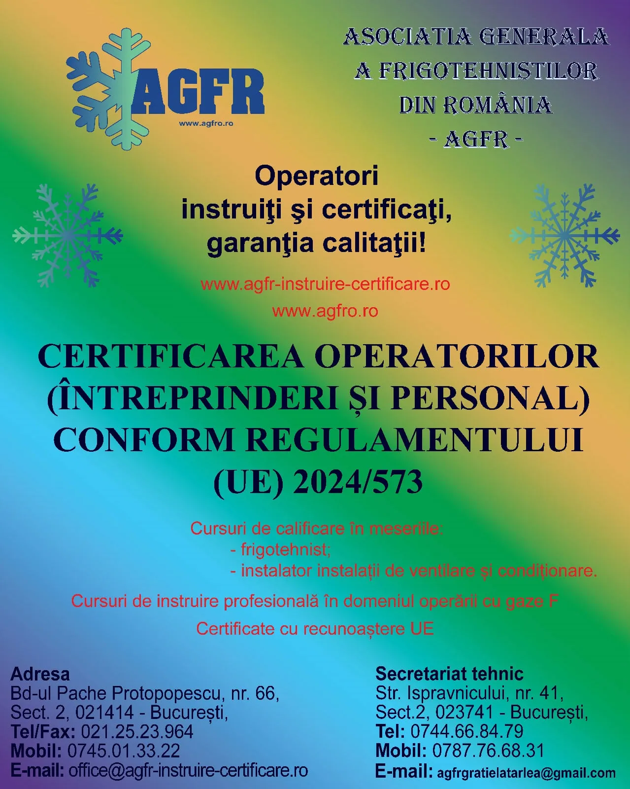 Afiș AGFR: Certificarea operatorilor (întreprinderi și personal) conform Regulamentului (UE) 2024/573 — operatori instruiți și certificați, garanția calității